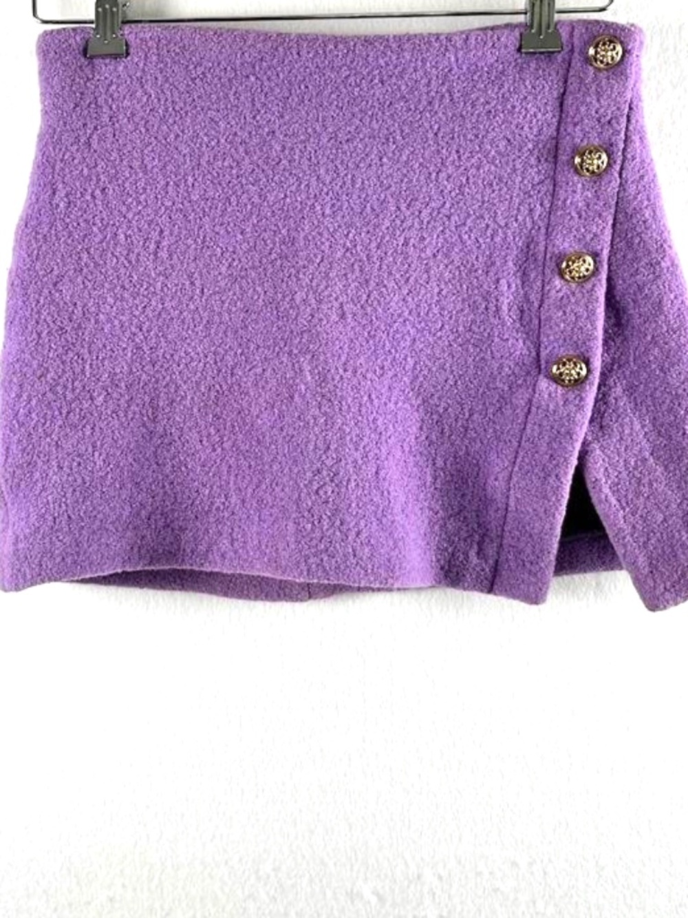 Zara Lilac Textured Wool Blend Mini Skirt Gold Crest Buttons Purple Pastel Small